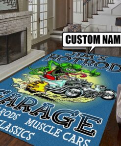 Personalized Rat Fink Hot Rod Garage Rug For Bedroom