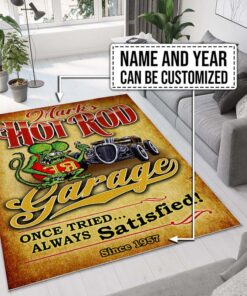Personalized Name And Year Rat Fink Hot Rod Garage Rug