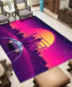 Arcade Space Ship Flying To The Sunset Retro 80s Area Rug Dingmun