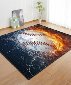 Black Flaming Baseball Print Area Rug
