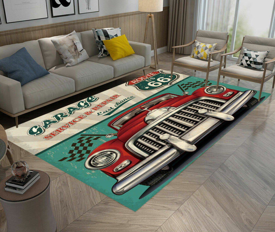 Hot Rod Garage Route US 66 Car Area Rug - Dingmun