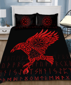 The Red Raven And Rune Viking Quilt Bedding Set