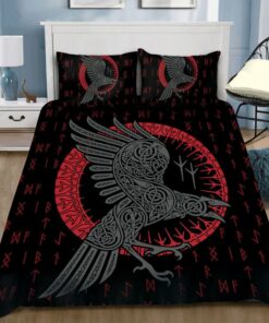 Raven Of Odin Red And Black Viking Quilt Bedding Set