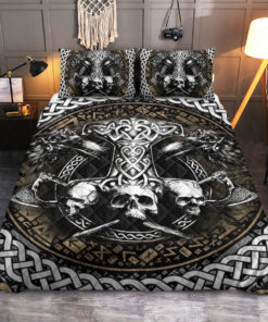 Raven Skull Norse Mjolnir Viking Quilt Bedding Set