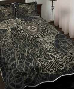 Valknut With Helm Of Awe And Horn Triskelion Viking Quilt Bedding Set
