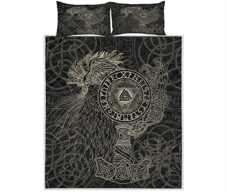 Valknut With Helm Of Awe And Horn Triskelion Viking Quilt Bedding Set