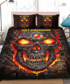 Personalized US Marine Corps Military Veteran Skull Quilt Bedding Set