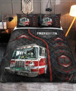 Firefighter Truck Carbon Pattern Quilt Bedding Set