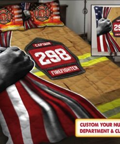 Personalized Firefighter American Flag Quilt Bedding Set