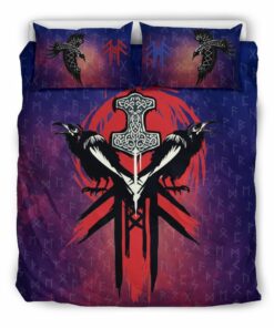 Two Raven With Thors Hammer In Viking Quilt Bedding Set