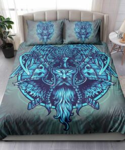 Viking Head With Axes And Raven Quilt Bedding Set