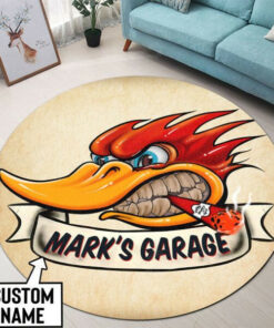Personalized Woodpecker Hot Rod Garage Round Mat