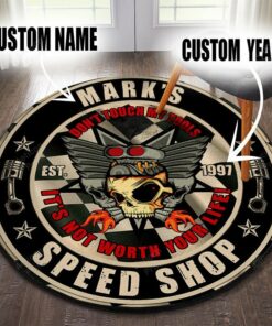 Personalized Speed Shop Garage Round Rug