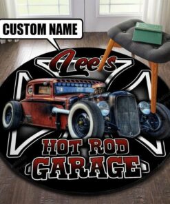 Personalized Hot Rod Garage Round Rugs
