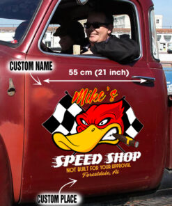 Angry Hot Rod Duck Speed Shop Door Art Vinyl Decals Set 2 Pcs