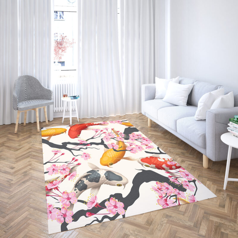 Koi Carp Rug With Sakura Plant Art Koi Fish Rug