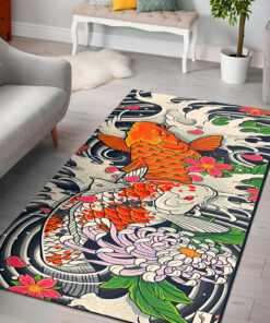 Koi Fish Pond Rug With Floral Art