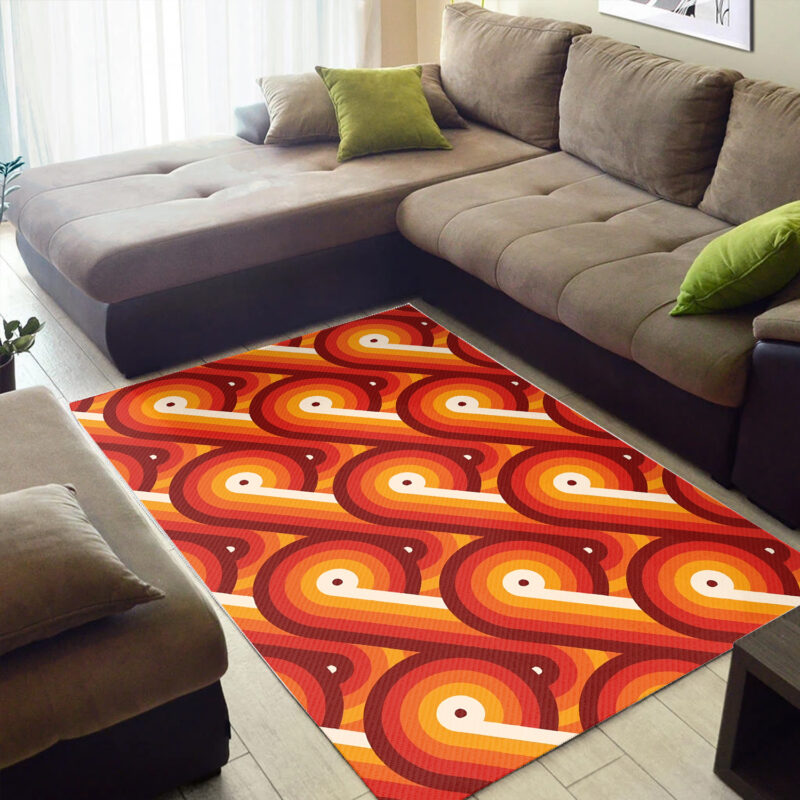 Disco Circles Geometric Orange Pattern Printed on Vintage 70s Style Area Rug