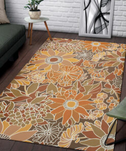 Floral 1970 Style Living Room, Bedroom With Orange And Brown Area Rugs