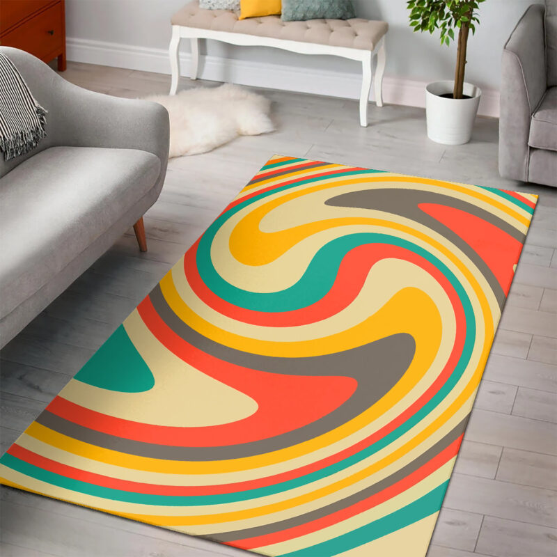 Orange And Green Colors Abstract Retro Swirl 70s Style Printed On Living Room Area Rug