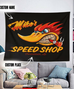 Personalized Hot Rod Mr. Horsepower Woodpecker Garage Wall Tapestry
