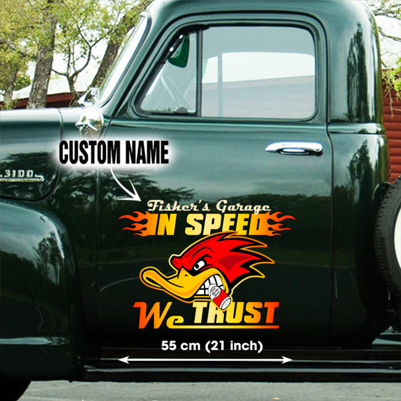 Personalized In Speed We Trust Mr. Horsepower Large Side Decals