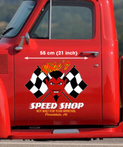 Personalized Red Devil Old School Hot Rod Speed Shop Vinyl Decals Set 2 Pcs