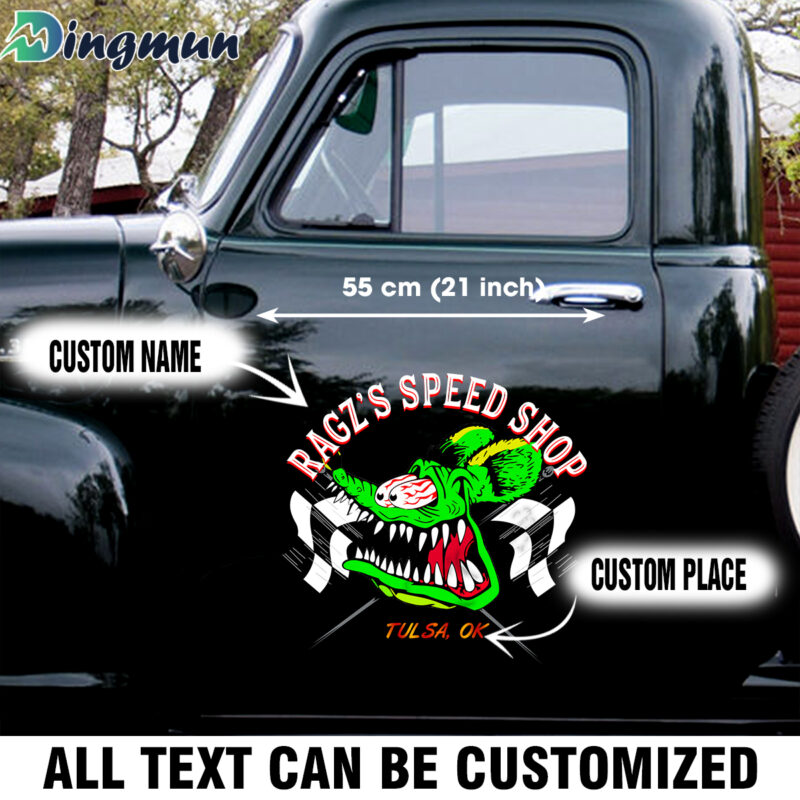 Customizable Hot Rod Rat Fink Speed Shop With Flag Large Car Vinyl Decals
