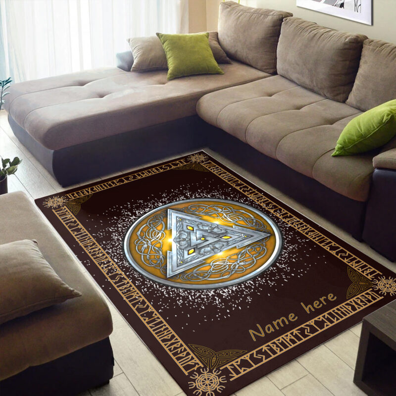 Personalized Viking Norwegian Shield Triskele Valknut in Silver and Yellow Norse Décor Area Rug