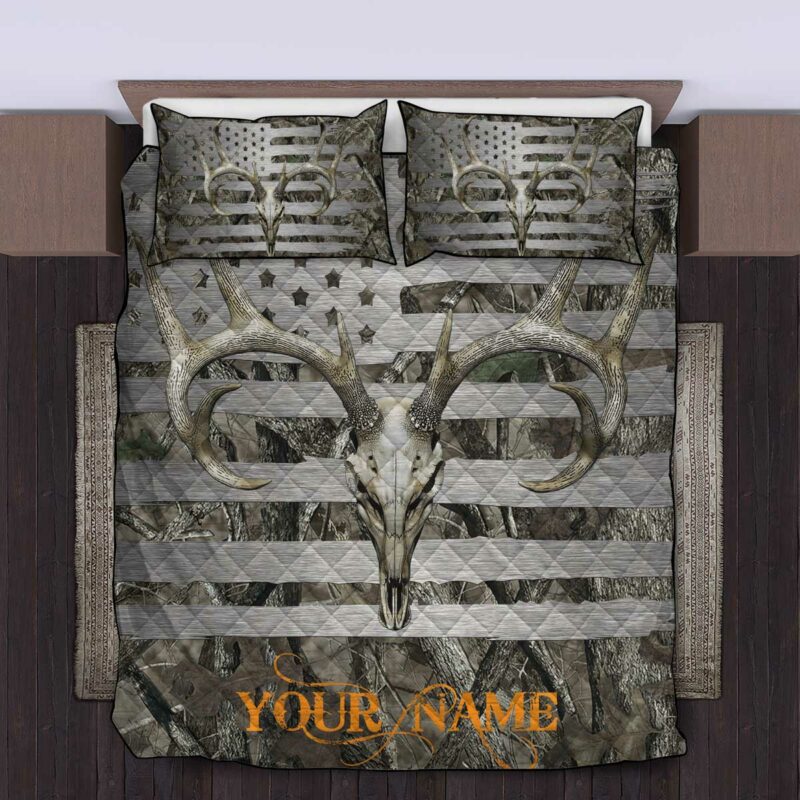 American Flag Camouflage Whitetail Buck Deer Skull Hunting Quilt Bedding Set