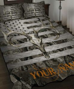 American Flag Camouflage Whitetail Buck Deer Skull Hunting Quilt Bedding Set