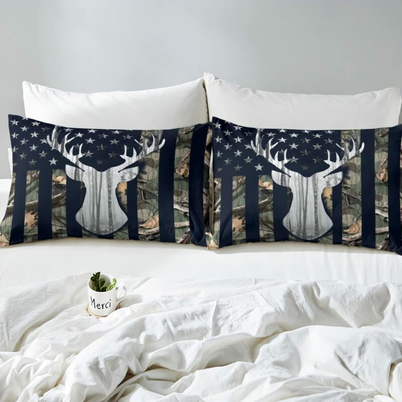 Army Green Camouflage American Flag Antlers Deer Hunting Quilt Bedding Sets