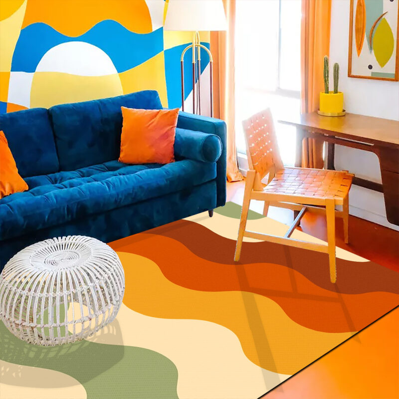 Groovy Wavy Vintage Sun Rays in 70s Style Area Rug
