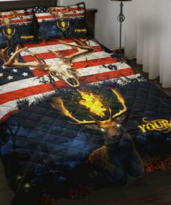 Personalized American Flag And Deer In Fire Camoflage Quilt Bedding Set
