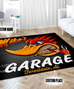 Personalized Hot Rod Garage Woody Mr Horsepower Woodpecker Area Rug