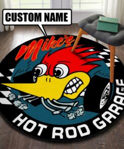 Personalized Hot Rod Mr. Horsepower Woodpecker Round Mat