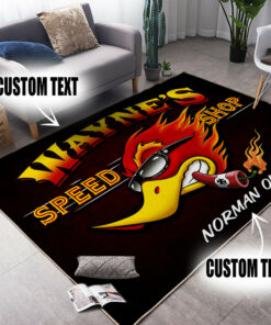 Personalized Speed Shop Hot Rod Mr. Hordepower Woodpecker Area Rug