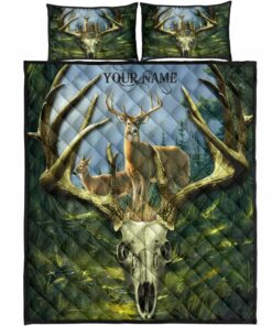 Personalized Whitetail Deer Skull With Forest Background Quilt Bedding Sets