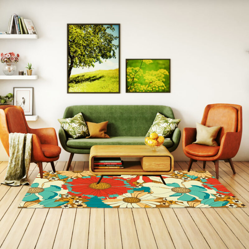 Red Orange Turquoise Brown Retro Floral Pattern 70s Area Rug