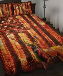 Vintage Orange USA Flag With Deer in Woodland Quilt Bedding Sets