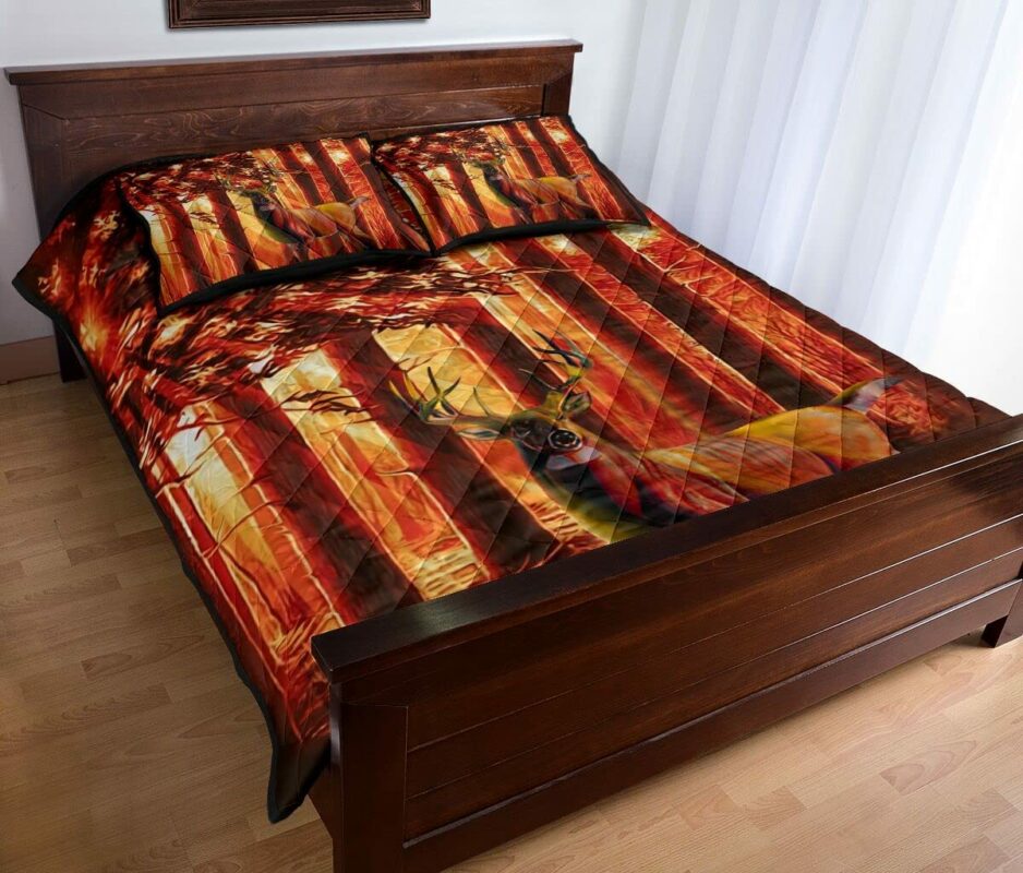 Vintage Orange USA Flag With Deer in Woodland Quilt Bedding Sets