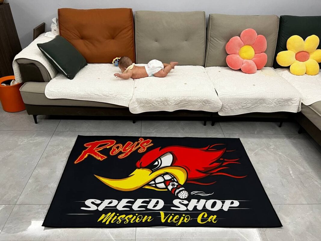 Personalized Speed Shop Mr Horsepower Hot Rod Woodpecker Area Rug