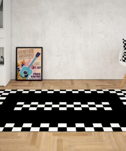 Funky Black & White Checkered Border 70s Area Rug