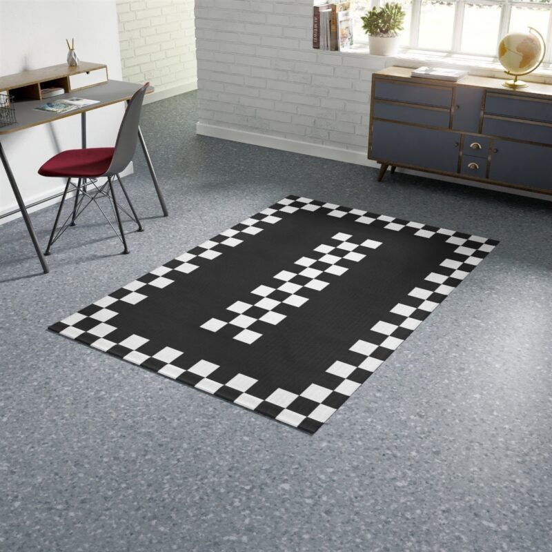 Funky Black & White Checkered Border 70s Area Rug
