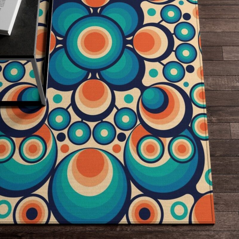 Modern Geometric Psychedelic Groovy 70s Area Rug For Bedroom, Living Room