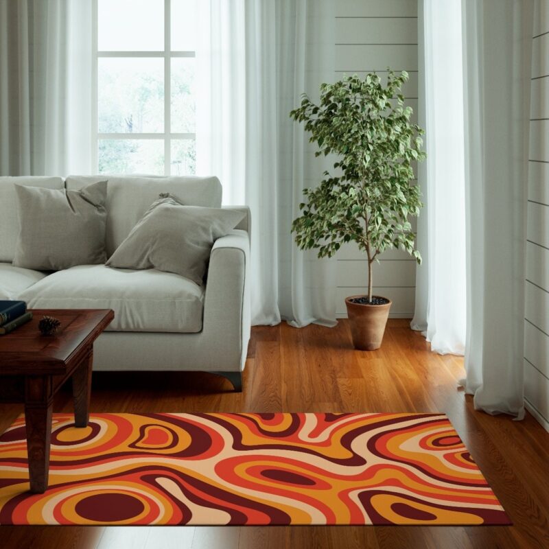 Orange Retro Wavy Trippy Swirl Psychedelic Groovy 70s Area Rug
