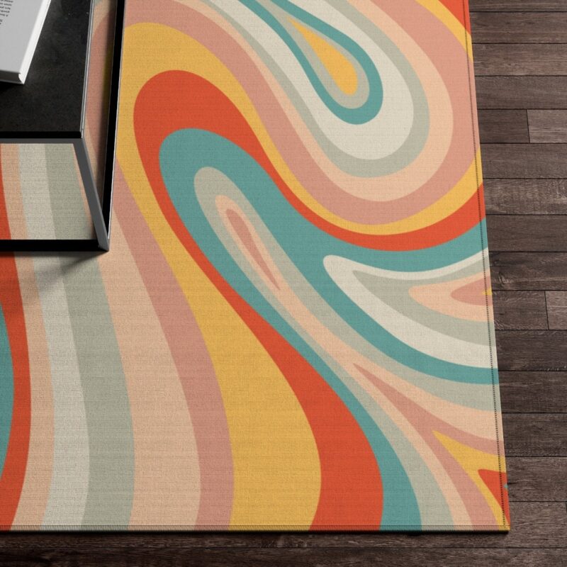 Pastel Retro Swirl Psychedelic Wavy Trippy Groovy 70s Style Area Rug