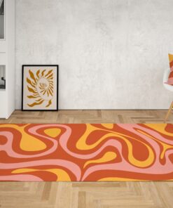 Orange Retro Psychedelic Swirl Groovy Rug, Wavy Trippy Area Rug For 70s Style Room Décor