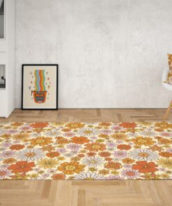 Orange Floral Retro Rug Groovy 70s Area Rug for Bedroom Living Room Aesthetic