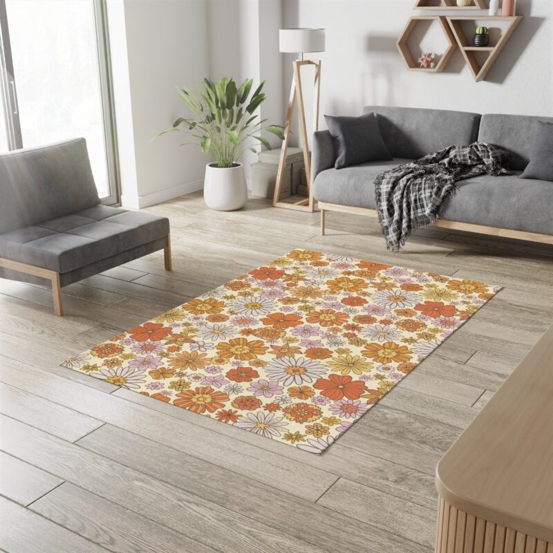 Orange Floral Retro Rug Groovy 70s Area Rug for Bedroom Living Room Aesthetic
